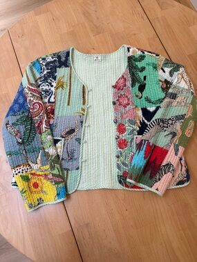 Patchwork Quilted Jacket in Mint and Multicolor Floral Print